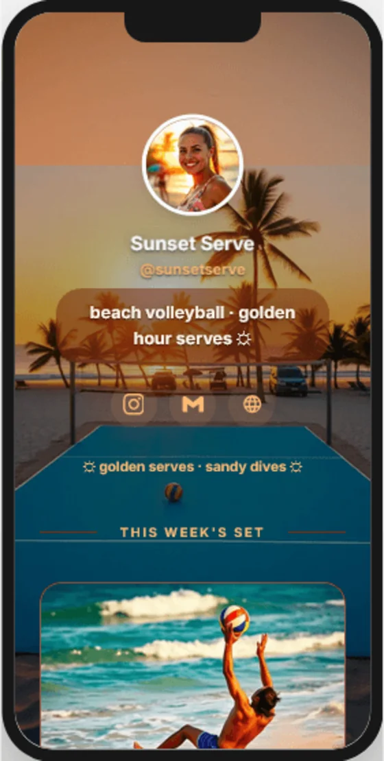 TinyBio.me example — Sunset Serve beach volleyball golden hour link-in-bio mini website