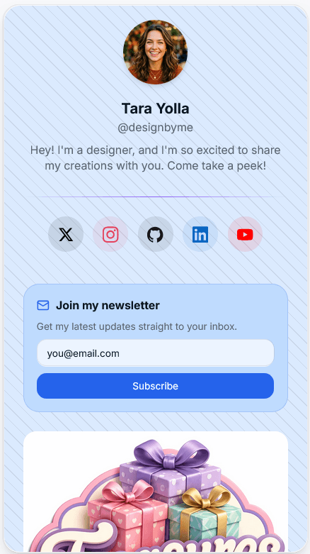 TinyBio.me bio page preview showing creator profile with social icons, newsletter signup and content blocks